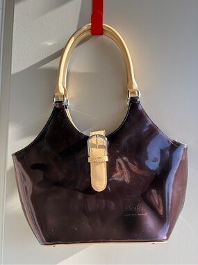 Beijo Purple Brown Patent Tote with Cream Handles